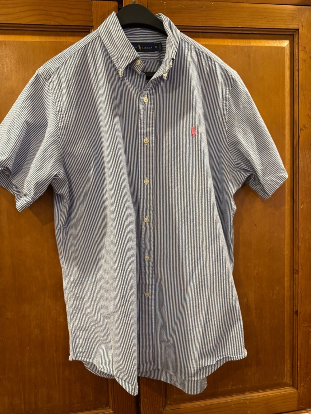 Ralph Lauren Blue and White Pinstripe Short Sleeve Button-Down Shirt